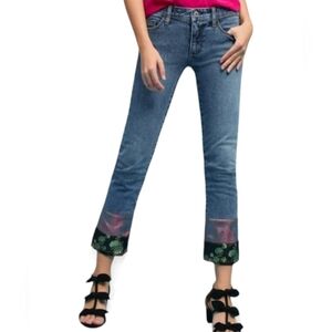 Anthropologie Pilcro Slim Boyfriend Jeans with Patchwork Satin Hems Size 25